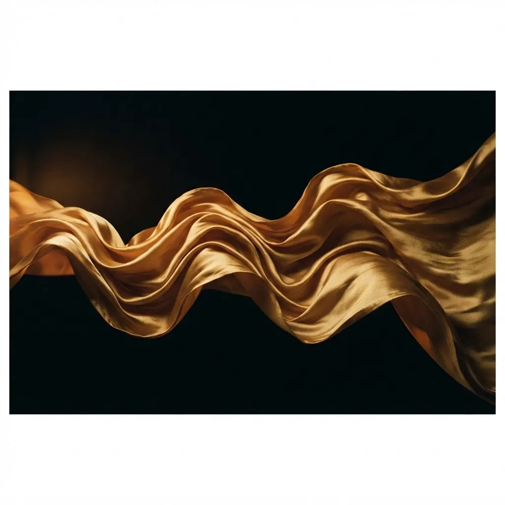 Golden silk fabric flowing like sound waves across a dark background