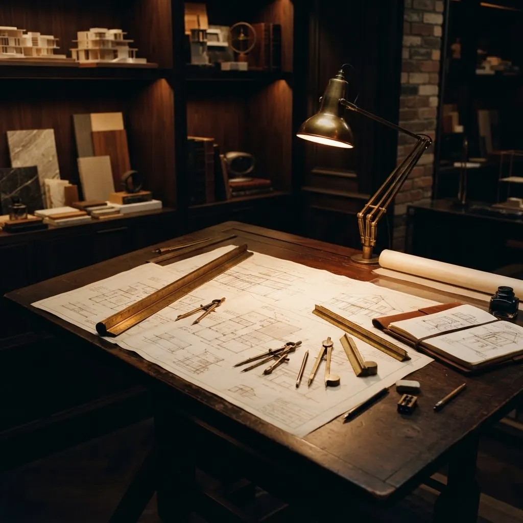 Drafting table with blueprint sketches and brass tools under warm lamplight